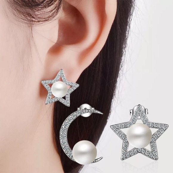 Sterling Silver Star Moon Stud Earrings - Picture 4 of 4